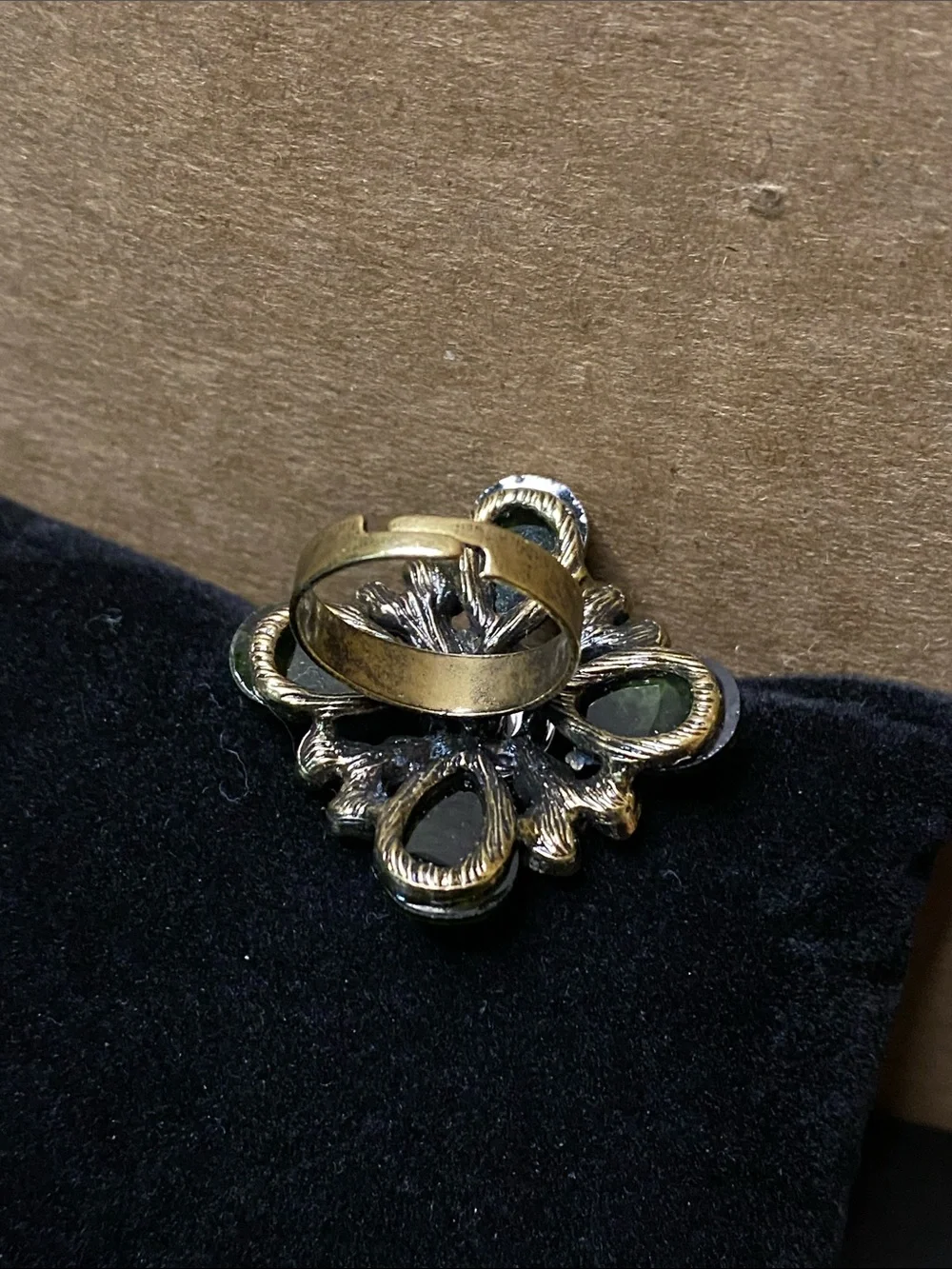 Vintage Green Floral Crystal Adjustable Statement Ring